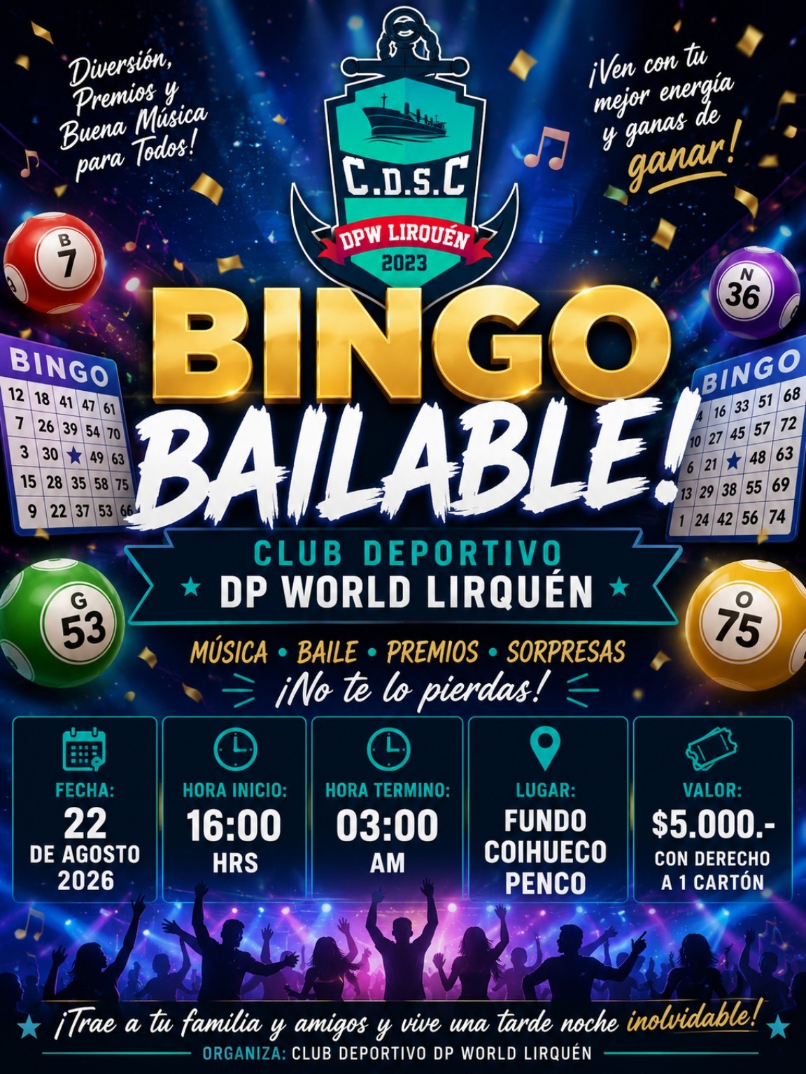 ¡Se viene el Gran Bingo Bailable del Club Deportivo DP World Lirquén!